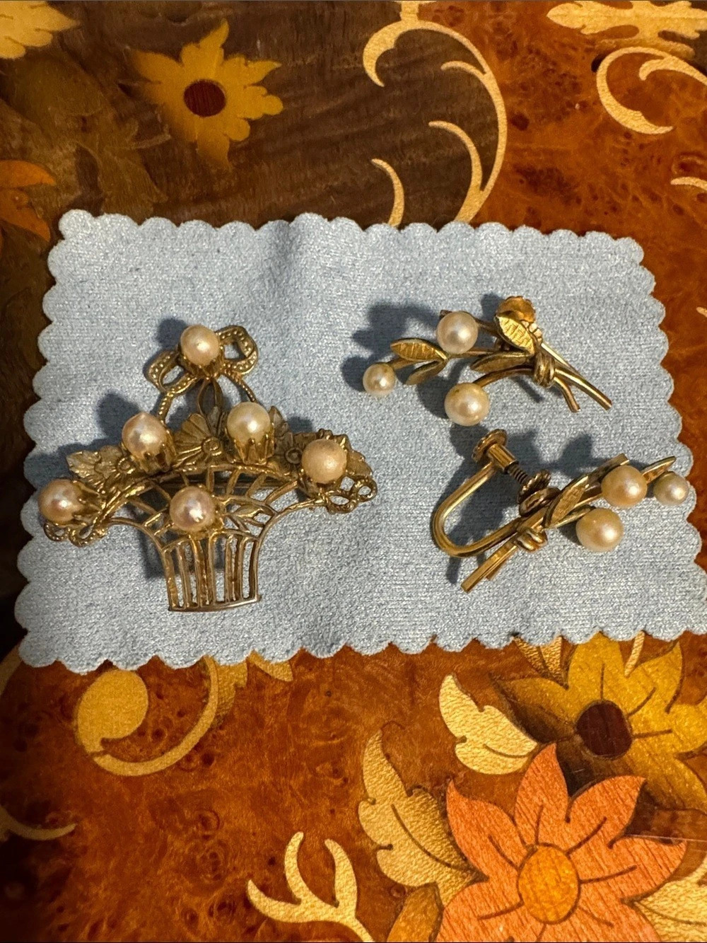 Vintage Gold Tone Flower Basket Brooch + Faux Pearl Screw Back Earrings Set